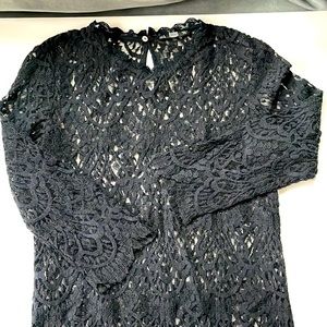 Zara Textured Lace Top in Black with Jewel Neckline and 3/4” sleeves, Size S